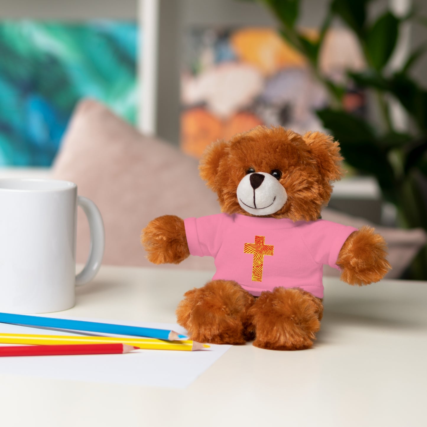 Teddy Bear with Tee, Christian Themed Stuffed Animal, Personalized Gift for Kids, Religious Snuggle Buddy, Baptism & Celebration Decor